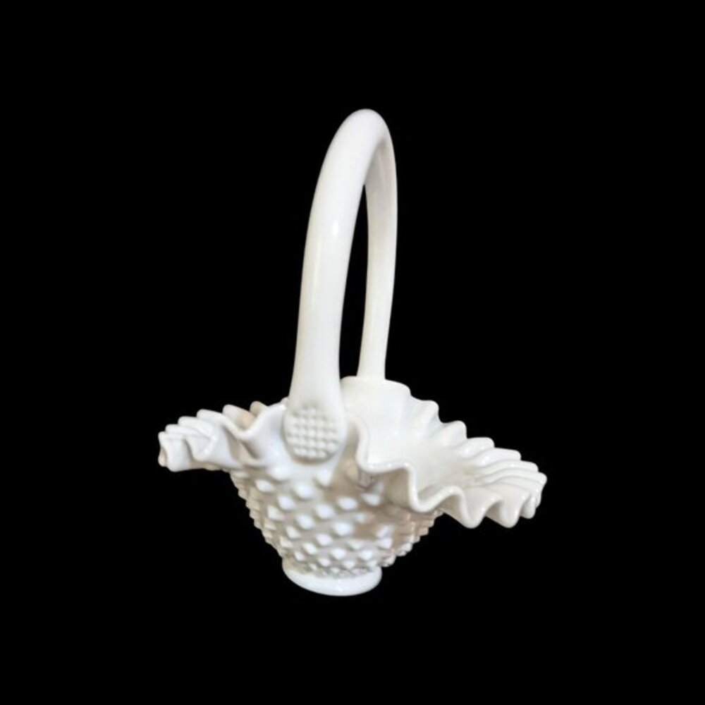 Vintage Fenton Hobnail Milk Glass Basket‎ with Ruffled Edge